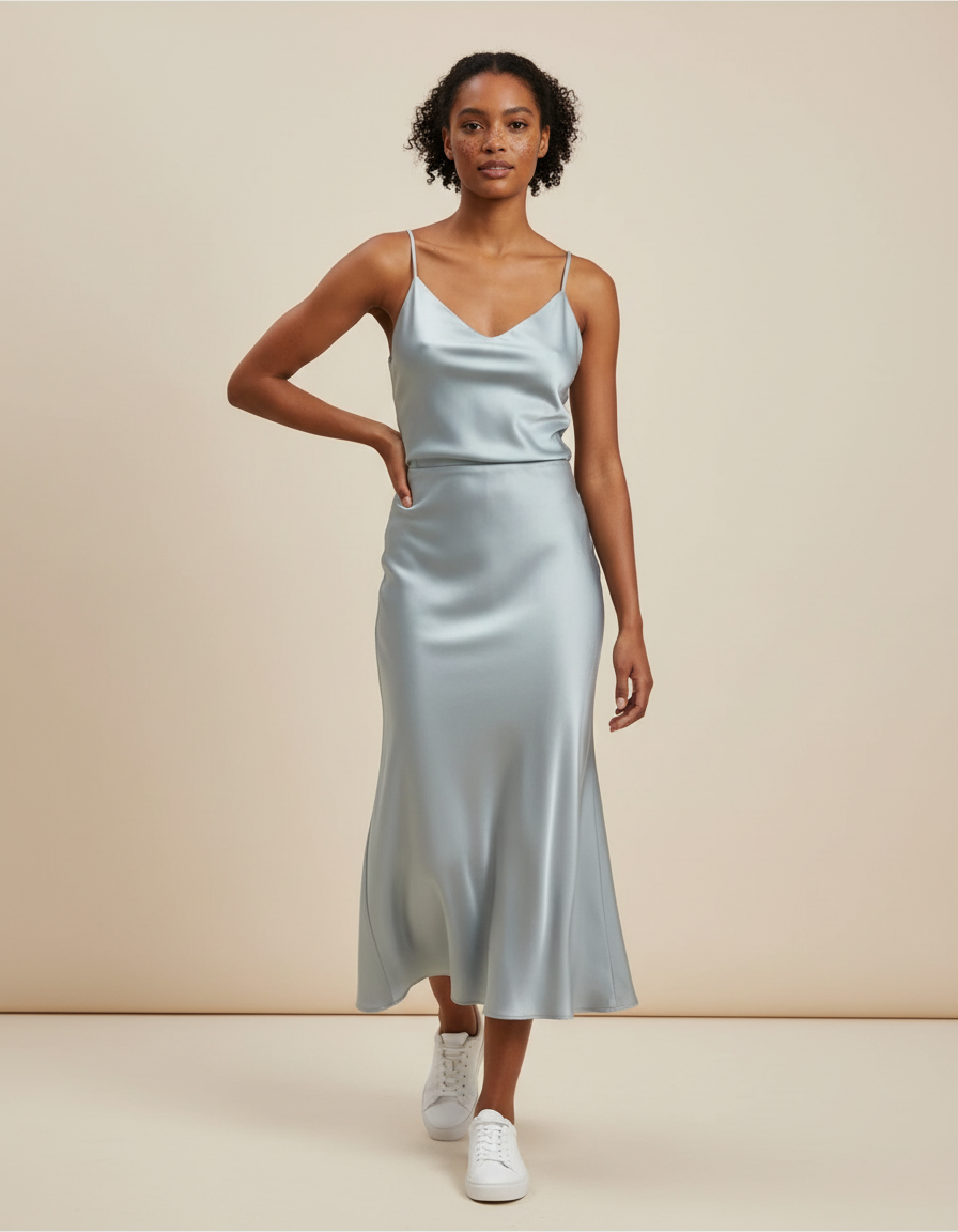 Jupe Satin Bleu Clair Fluide Élégante Douce