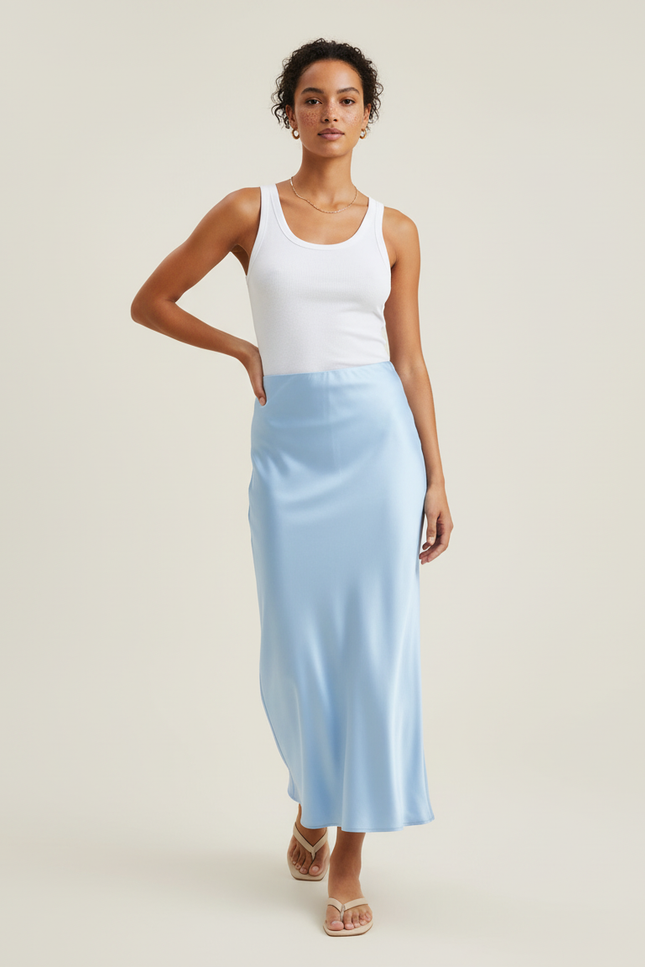 Jupe Satin Bleu Ciel Fluide Chic Légère