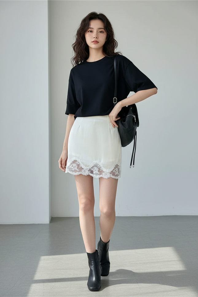 Jupe Satin Blanche Dentelle Chic