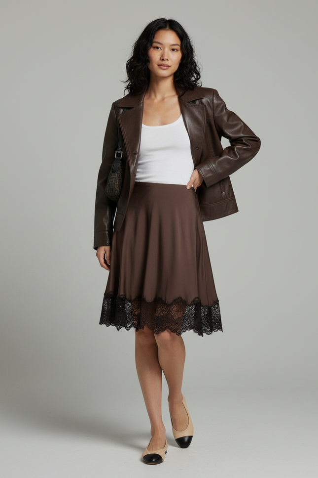 Jupe Satin Marron Dentelle Noire Fluide