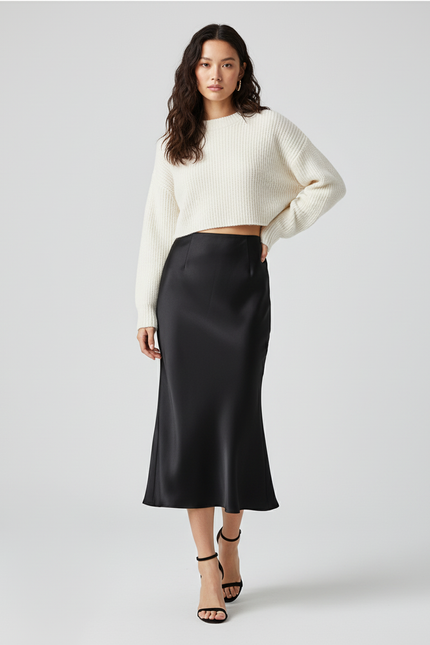 Jupe Satin Noir Fluide Élégante Urbaine