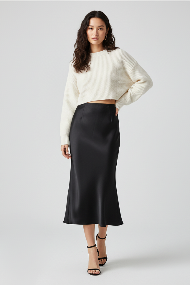 Jupe Satin Noir Fluide Élégante Urbaine