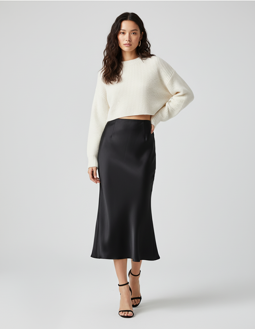 Jupe Satin Noir Fluide Élégante Urbaine