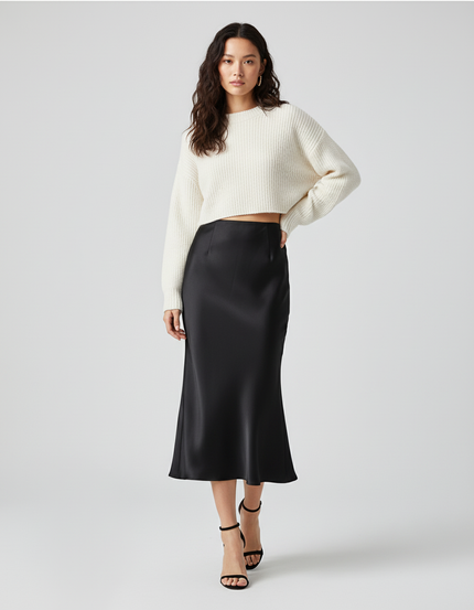 Jupe Satin Noir Fluide Élégante Urbaine