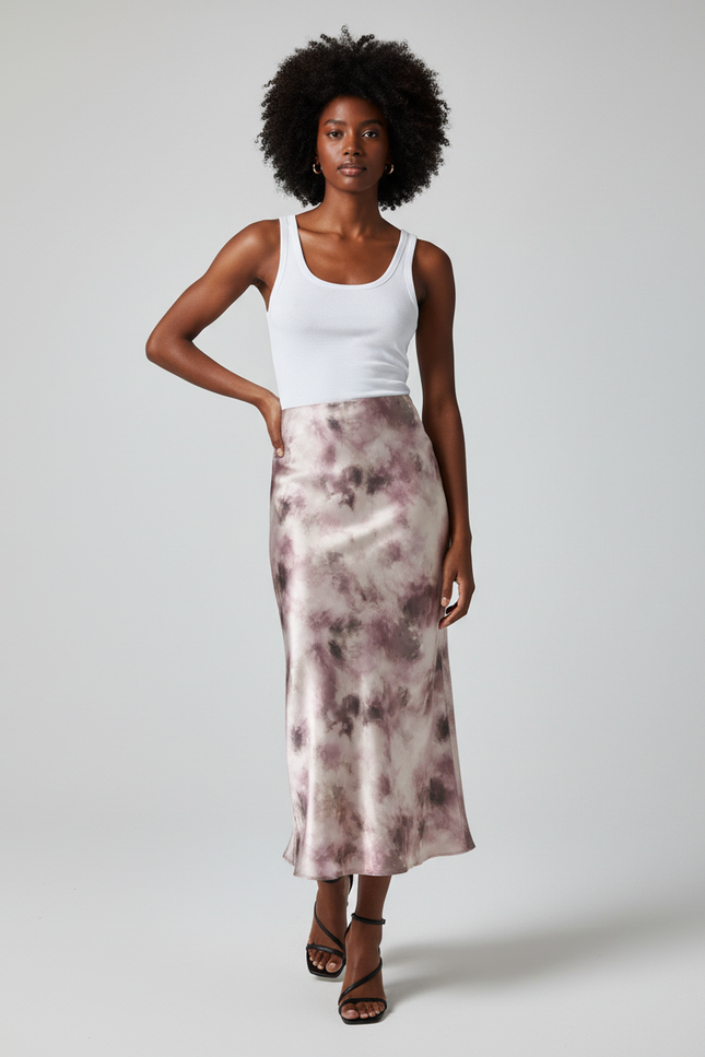 Jupe Satin Imprimé Encre Fluide Élégante