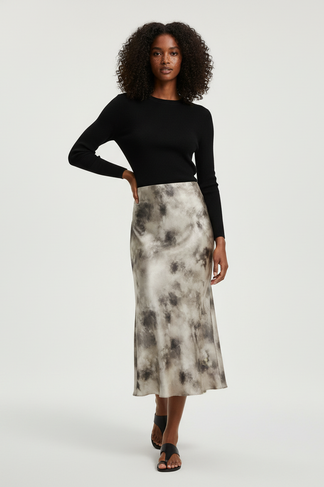 Jupe Satin Imprimé Encre Élégante