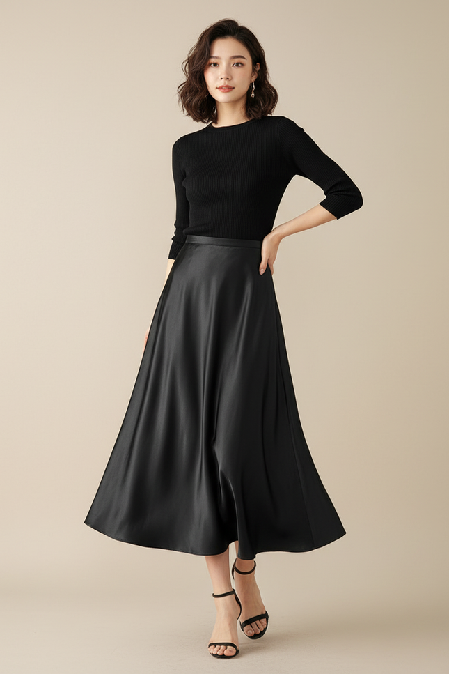 Jupe Satin Noire Fluide Élégante Discrète