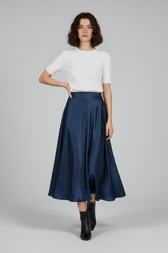 Jupe Satin Fluide Bleu Marine Chic