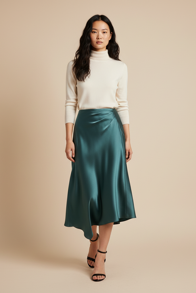 Jupe Satin Émeraude Asymétrique Chic