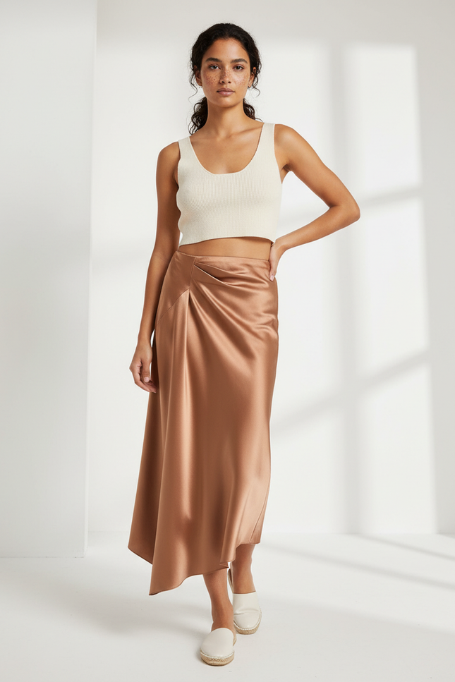 Jupe Satin Cuivrée Drapée Fluide