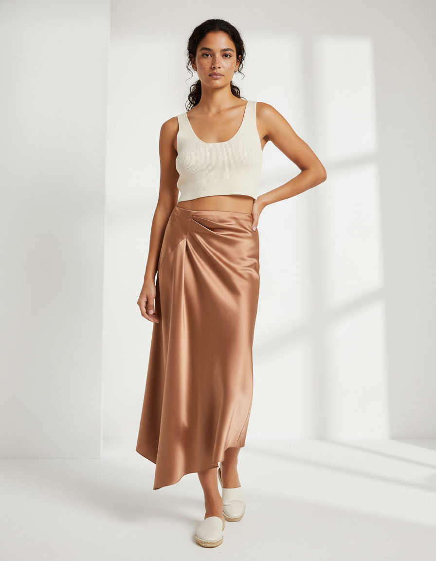 Jupe Satin Cuivrée Drapée Fluide