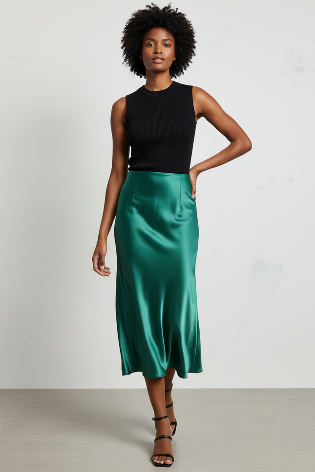 Jupe Satin Verte A-Line Fluide