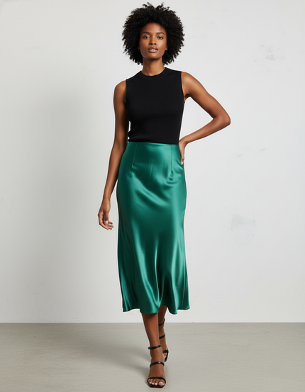 Jupe Satin Verte A-Line Fluide