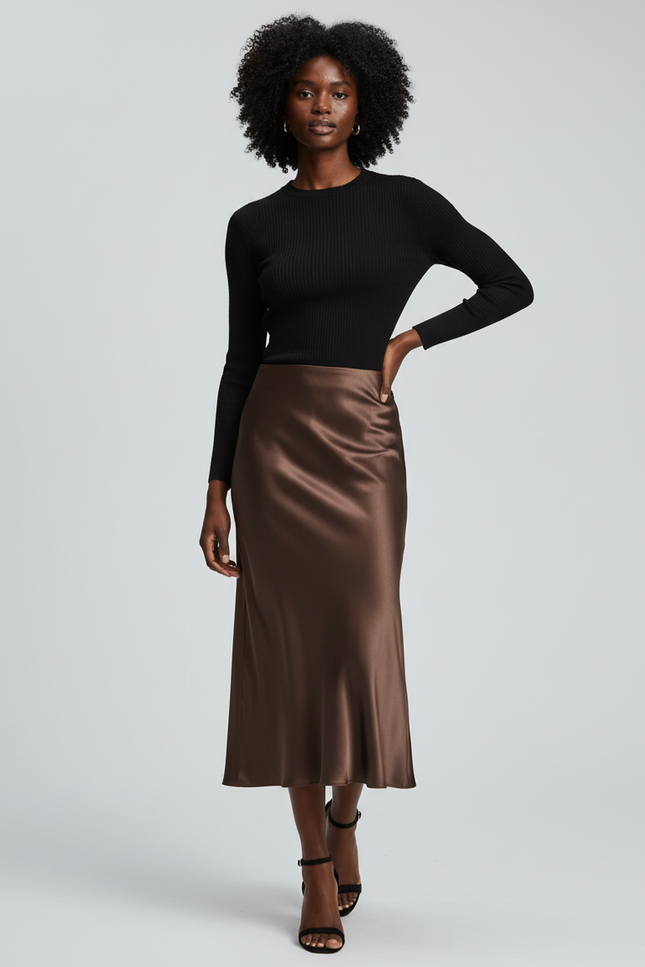 Jupe Satin Fluide Marron Élégante