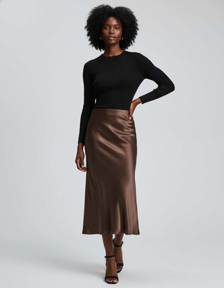 Jupe Satin Fluide Marron Élégante