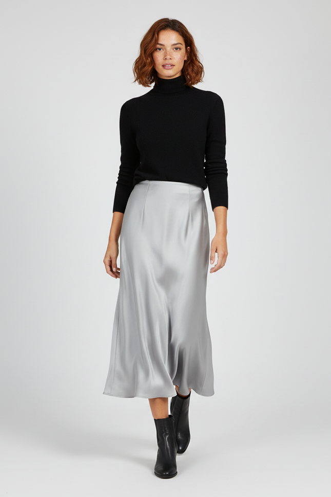 Jupe Satin Argent Fluide Élégante