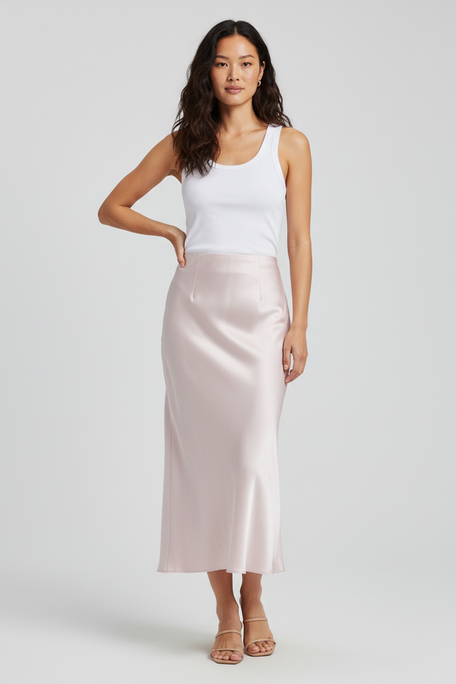 Jupe Satin Rose Pâle Fluide Longue