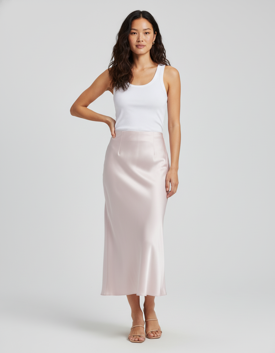 Jupe Satin Rose Pâle Fluide Longue