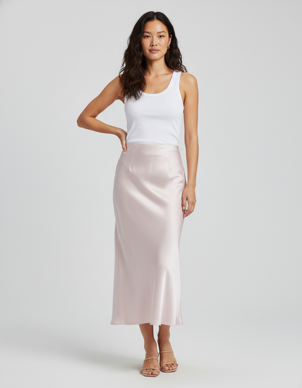 Jupe Satin Rose Pâle Fluide Longue