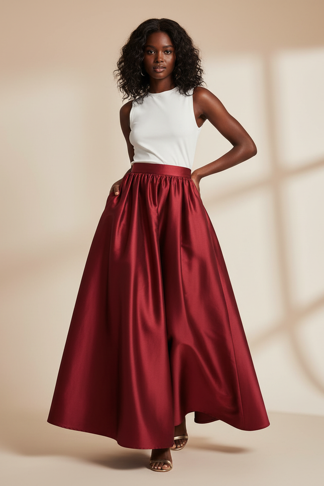 Jupe Satin Bordeaux Fluide Élégante Raffinée