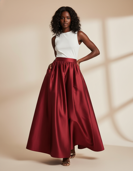 Jupe Satin Bordeaux Fluide Élégante Raffinée