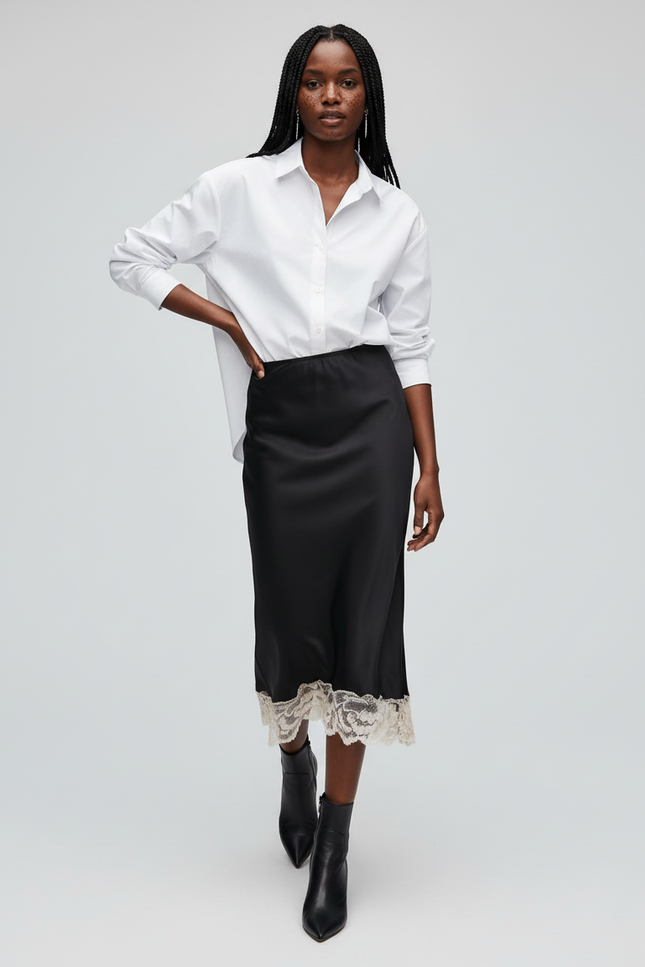 Jupe Satin Noire Élégante Dentelle