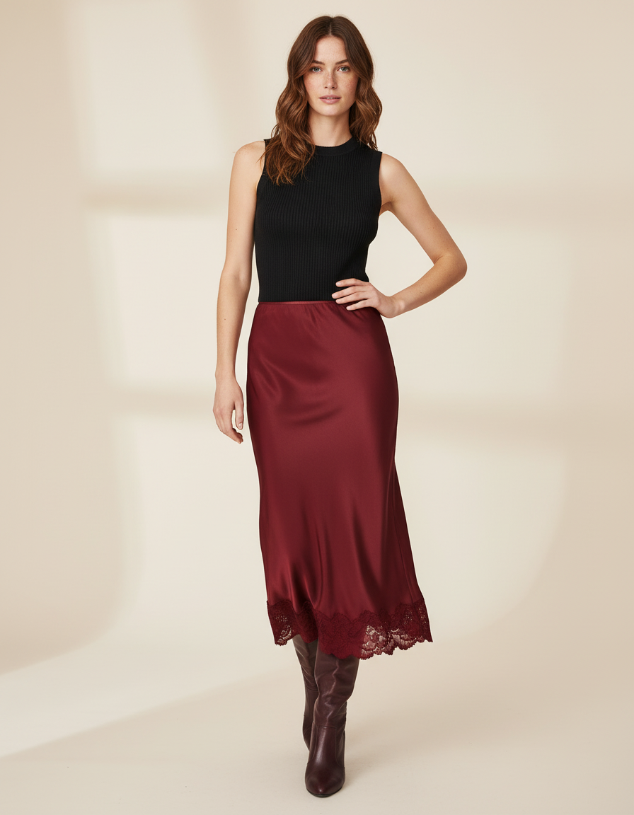 Jupe Satin Bordeaux Dentelle Élégante