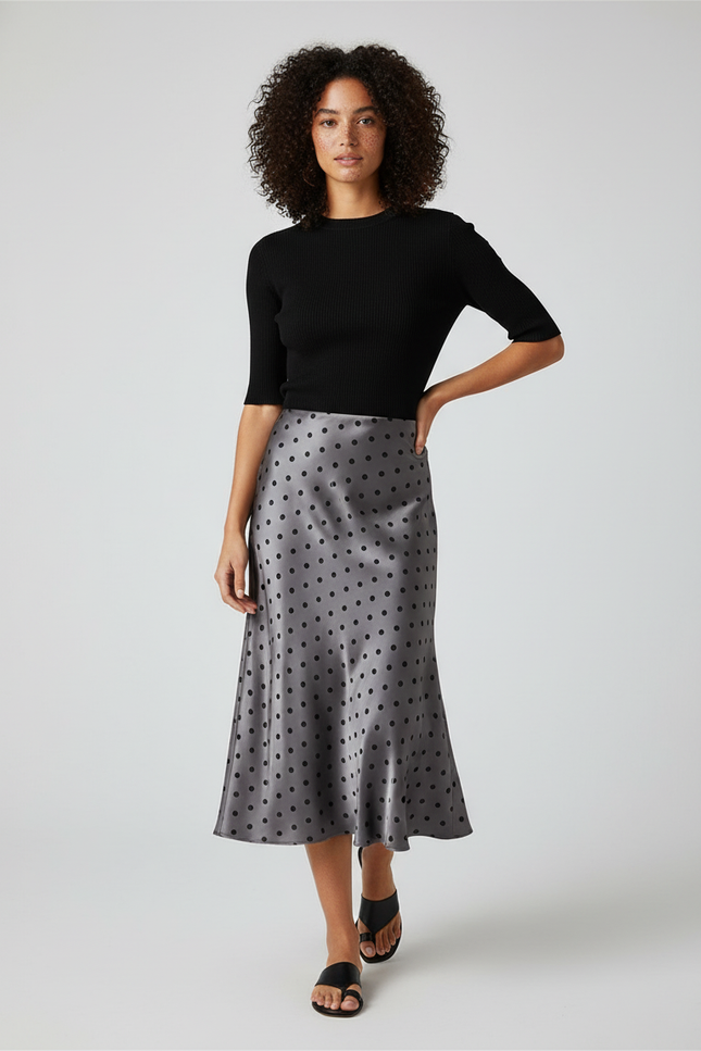 Jupe Satin Grise À Pois Fluide