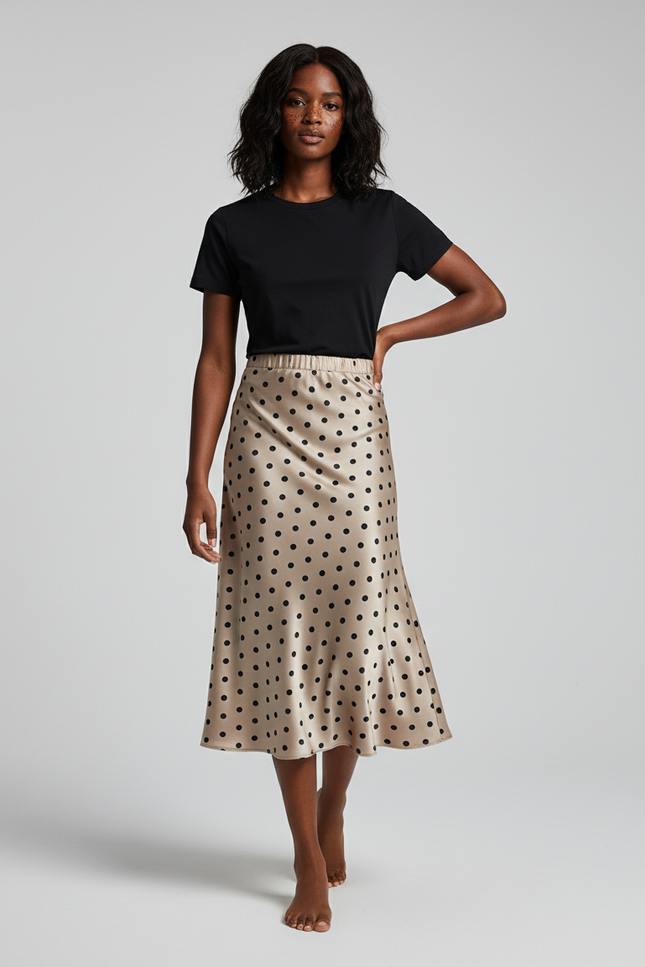 Jupe Satin Beige À Pois Élégante