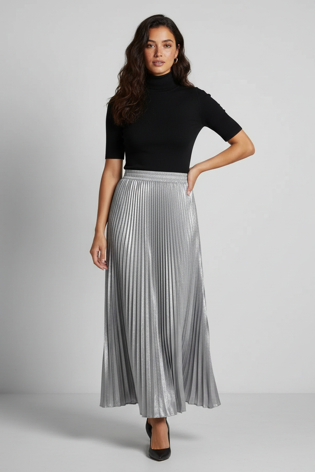 Jupe Satin Argentée Plissée Fluide