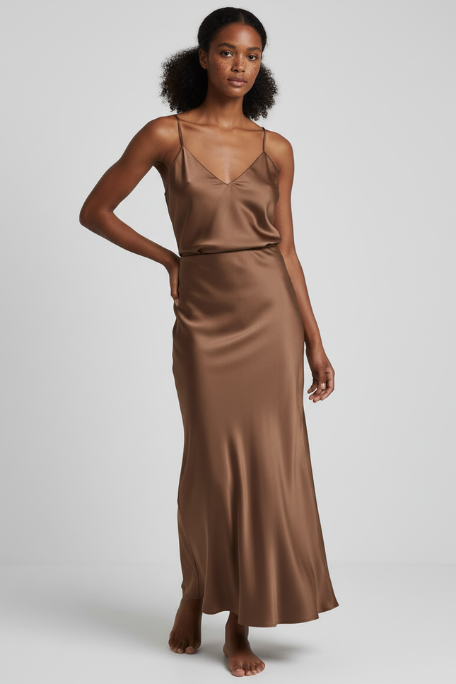 Jupe Satin Marron Longue Élégante Chic