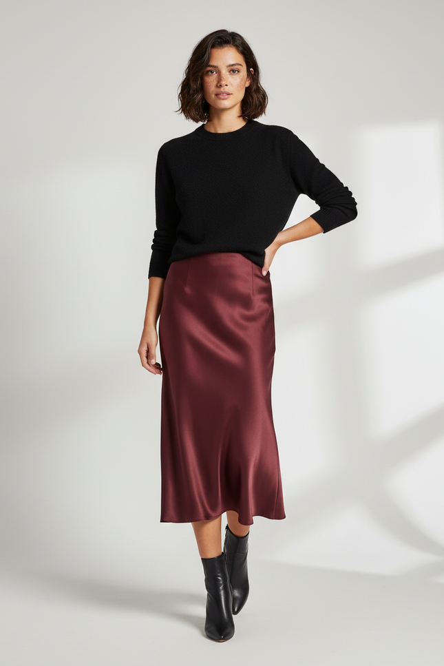 Jupe Satin Bordeaux Fluide Élégante Précieuse