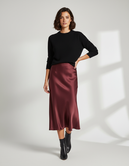 Jupe Satin Bordeaux Fluide Élégante Précieuse