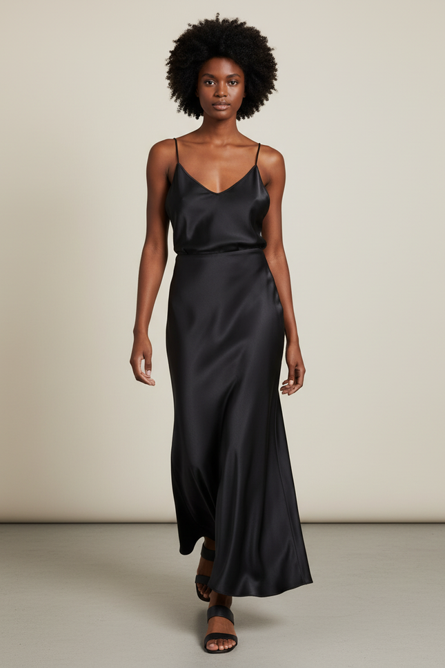 Jupe Satin Noire Fluide Élégante Féminine Raffinée