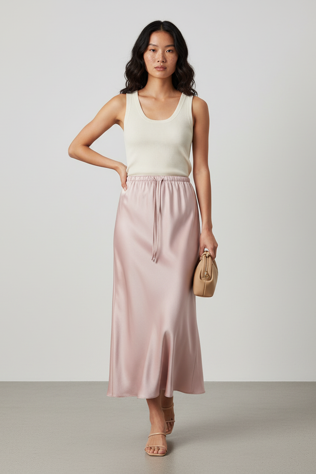 Jupe Satin Rose Poudré Fluide Élégante
