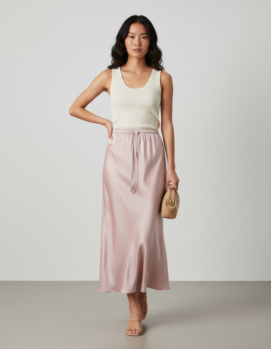 Jupe Satin Rose Poudré Fluide Élégante