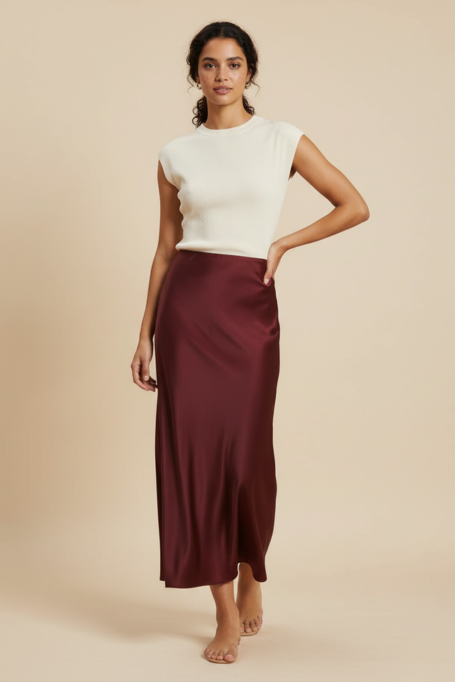 Jupe Satin Bordeaux Longue Élégante Majestueuse