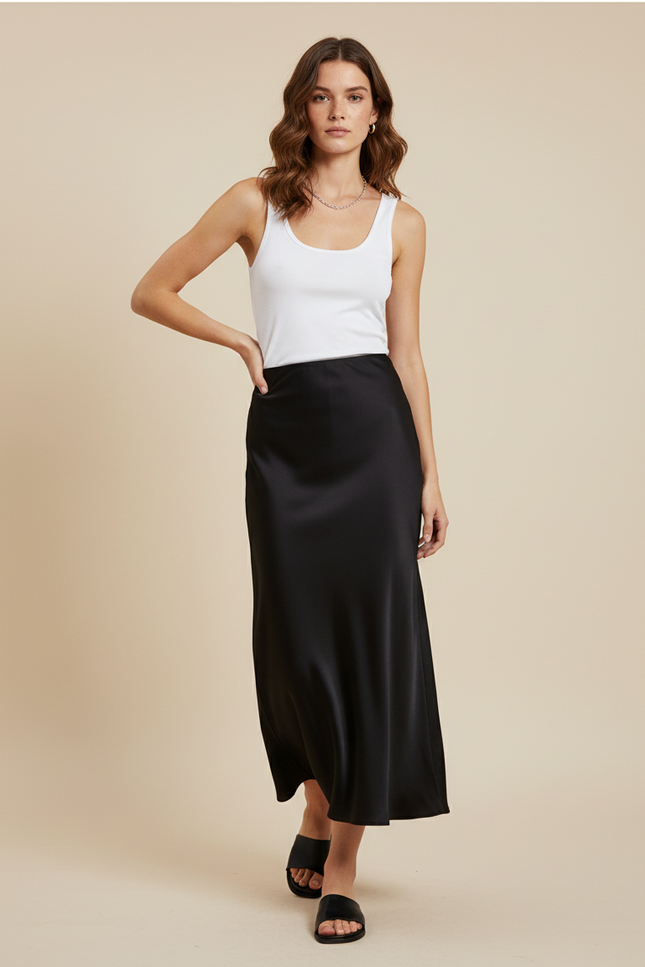 Jupe Satin Noire A-Line Élégante