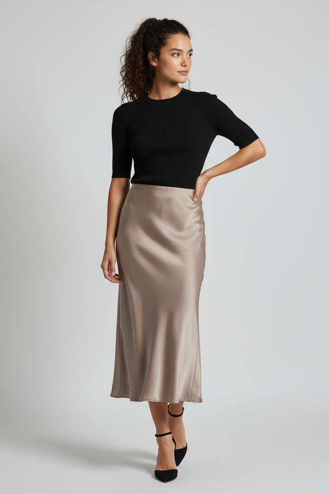 Jupe Satin Midi Champagne Fluide
