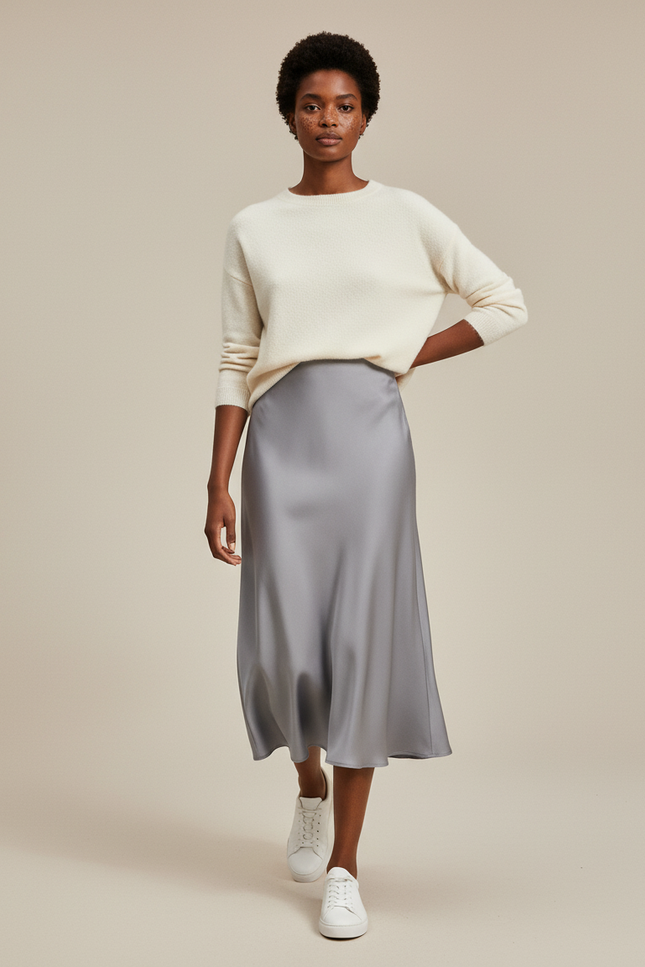 Jupe Satin Grise Midi Fluide