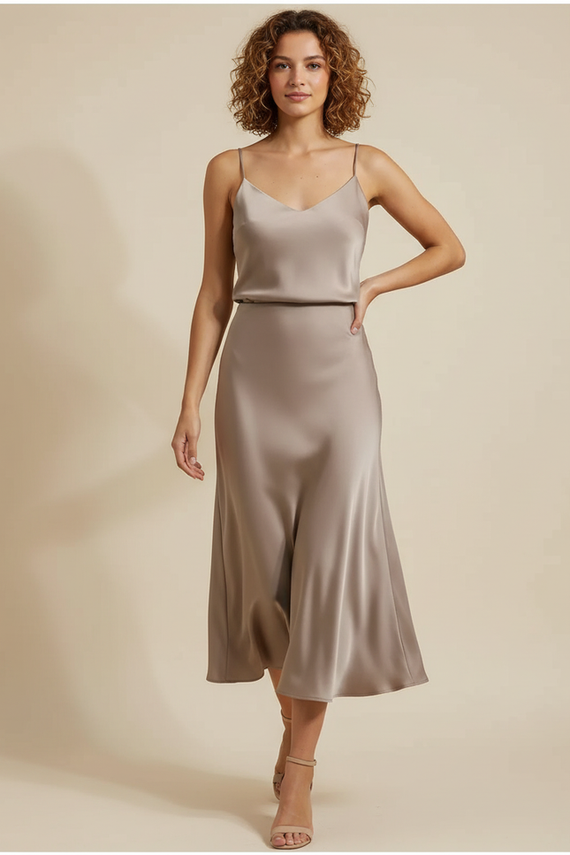 Jupe Satin Champagne Midi Fluide