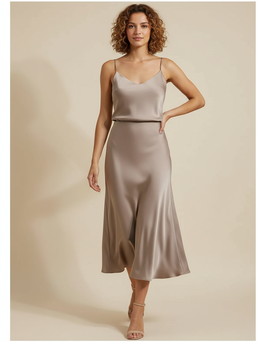 Jupe Satin Champagne Midi Fluide