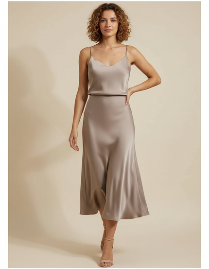 Jupe Satin Champagne Midi Fluide