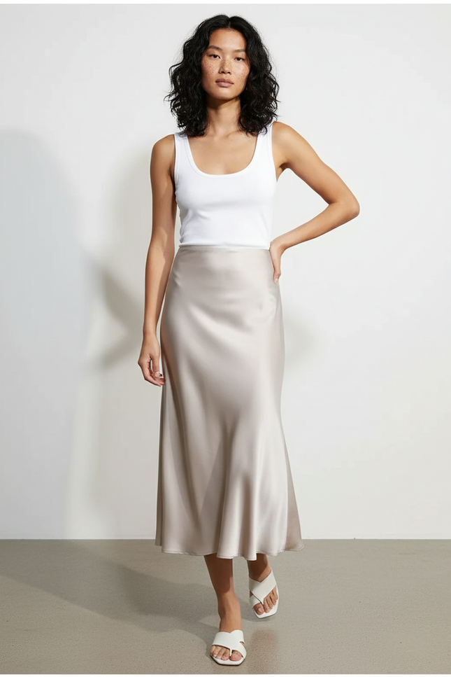 Jupe Satin Champagne Midi Fluide Légère