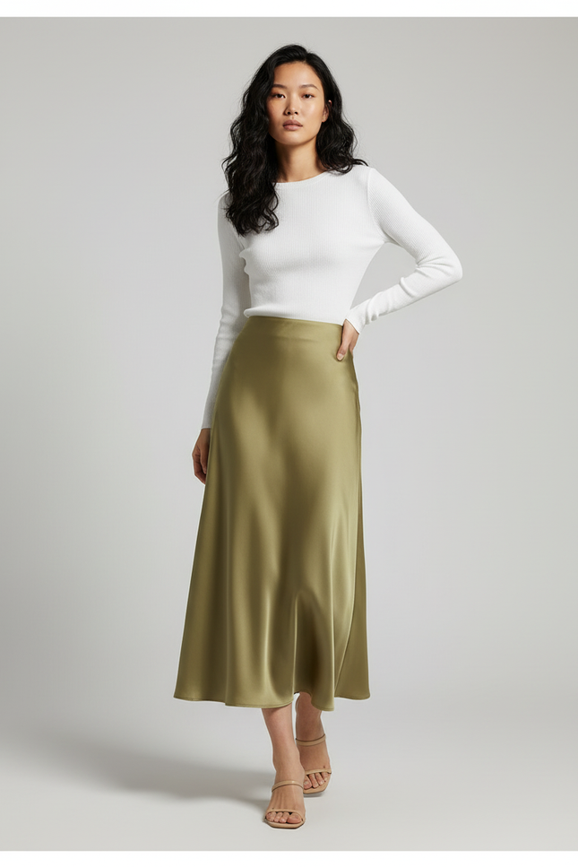 Jupe Satin Vert Olive Midi Fluide Souple