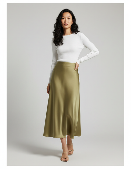 Jupe Satin Vert Olive Midi Fluide Souple