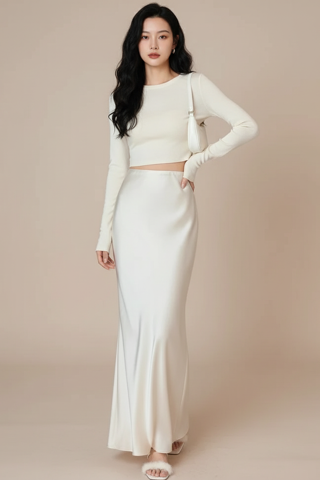 Jupe Satin Longue Ivoire Élégante