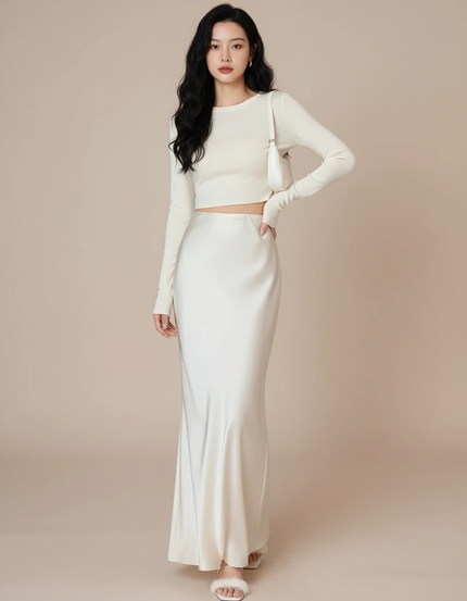 Jupe Satin Longue Ivoire Élégante