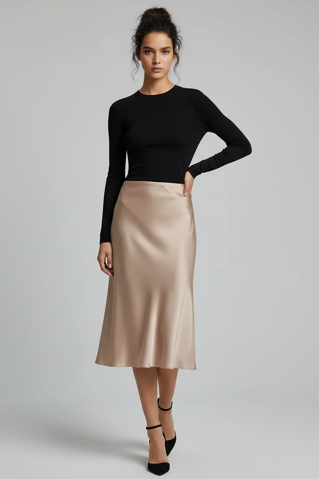 Jupe Satin Champagne A-Line Élégante Structurée