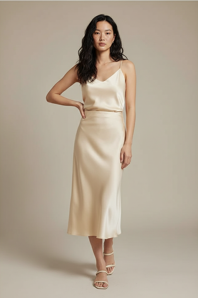 Jupe Satin Champagne Midi Fluide Délicate